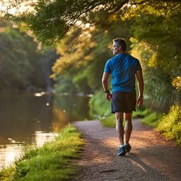 Man walking along a riverside trail surrounded by trees with fall foliage.